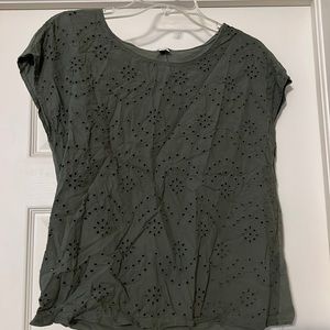 Army green short sleeve shirt with design on front